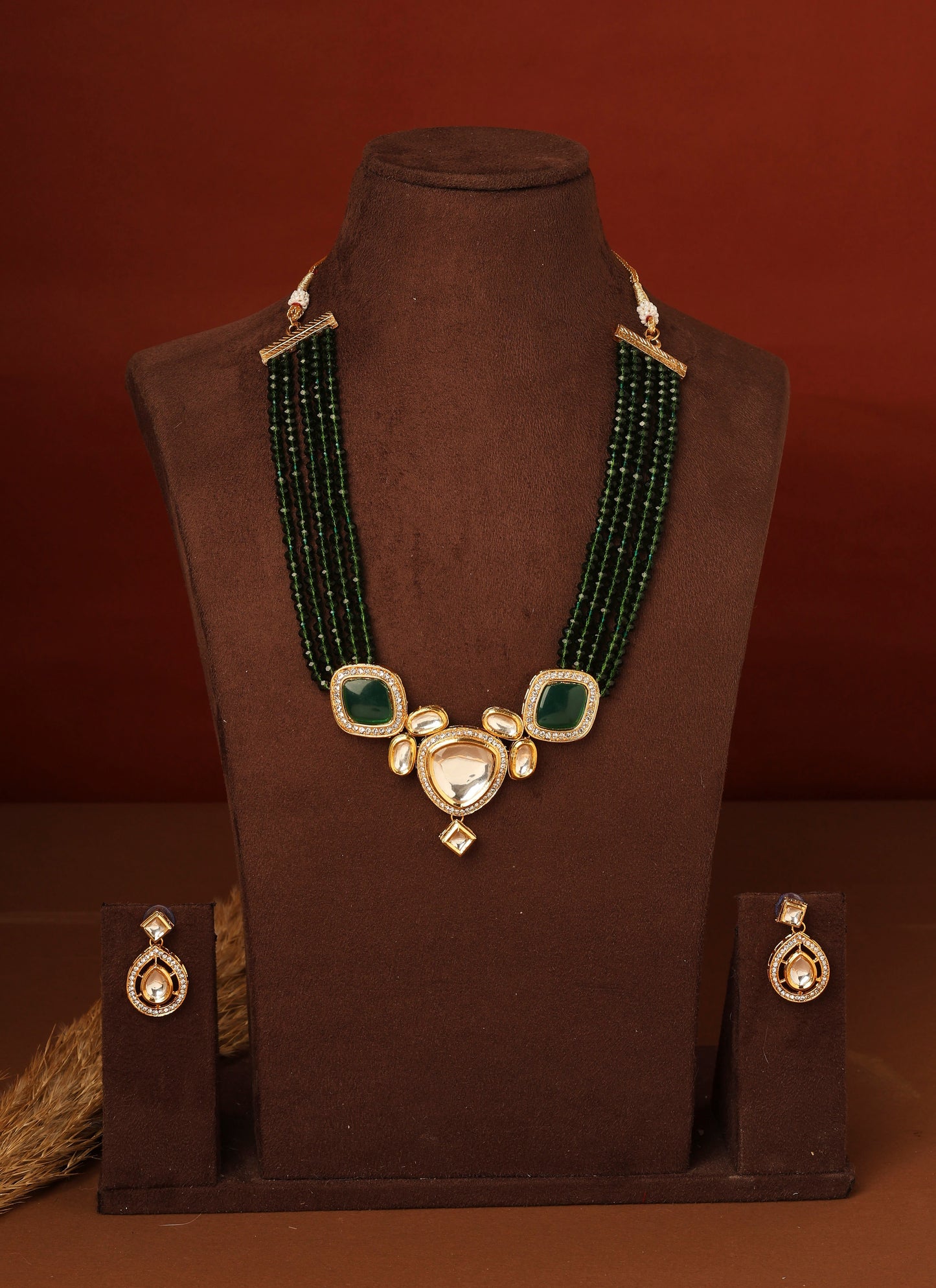 Kundan Pendant with Green Beads Necklace Set