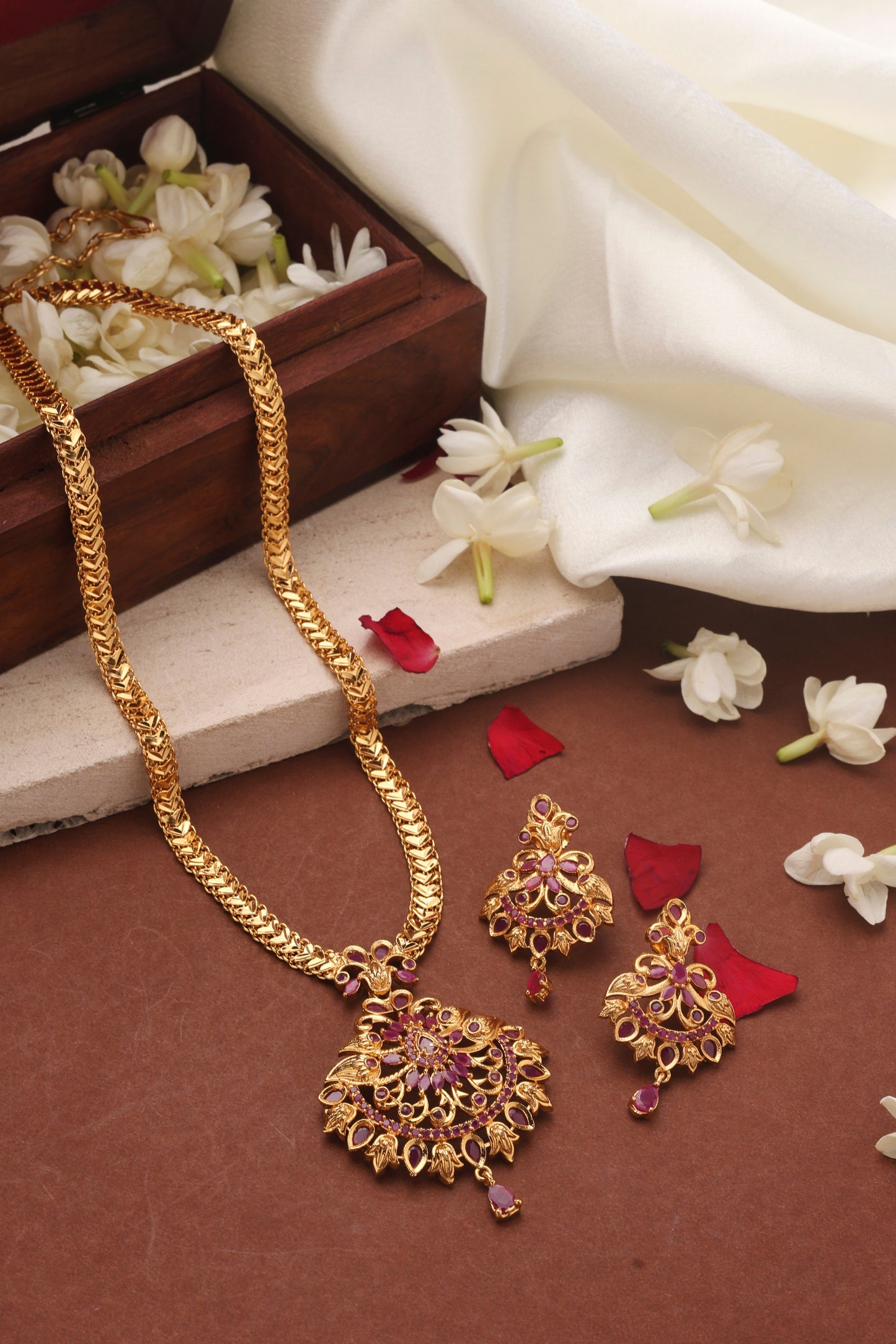 Gold Plated Long Necklace Set with Ruby Stone Studded Pendant