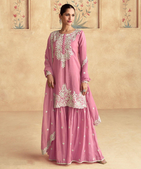 Onion Pink Embroidered Silk Blend Readymade Suit