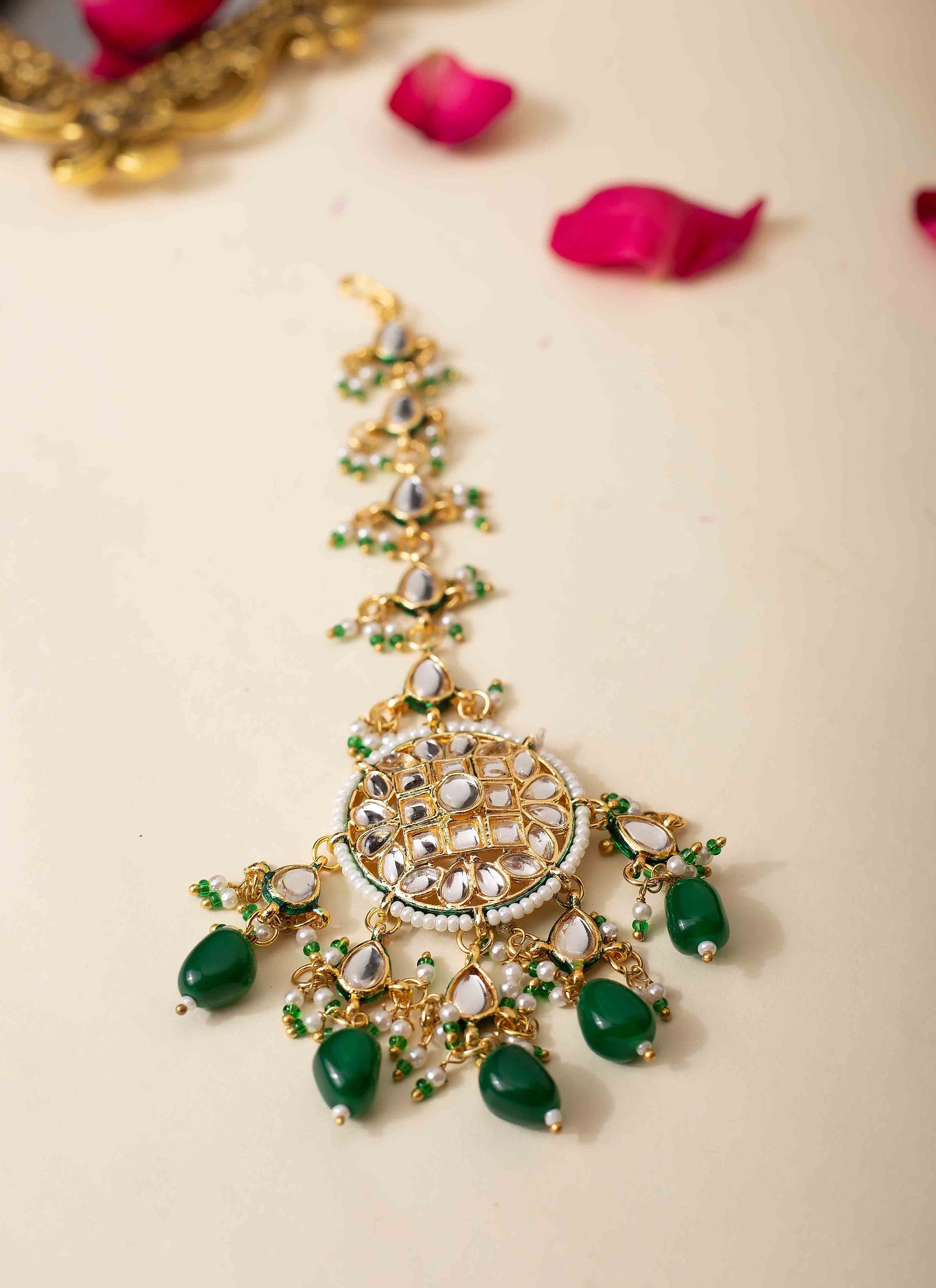 Kundan Pearl and Emerald Maang Tikka Earrings Set