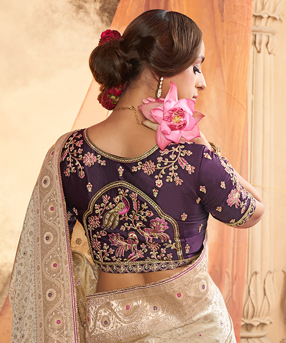 Elegant Off-White Banarasi Silk Saree with Floral Zari Motifs