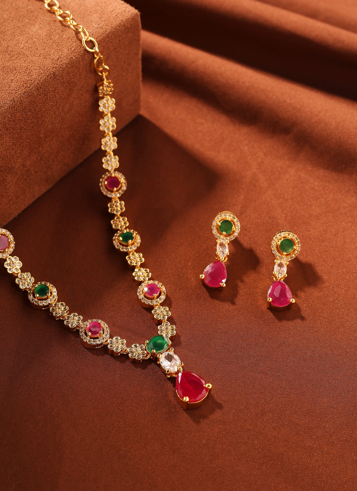 American Diamond Necklace Set with Ruby Pendant and Earrings