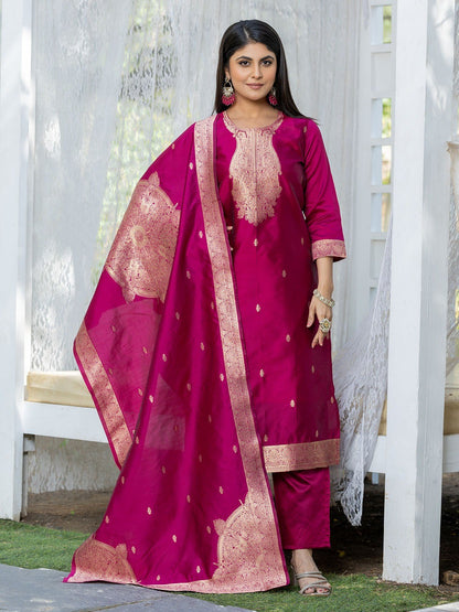 Pink Silk Blend Jacquard Kurta Pant with Dupatta