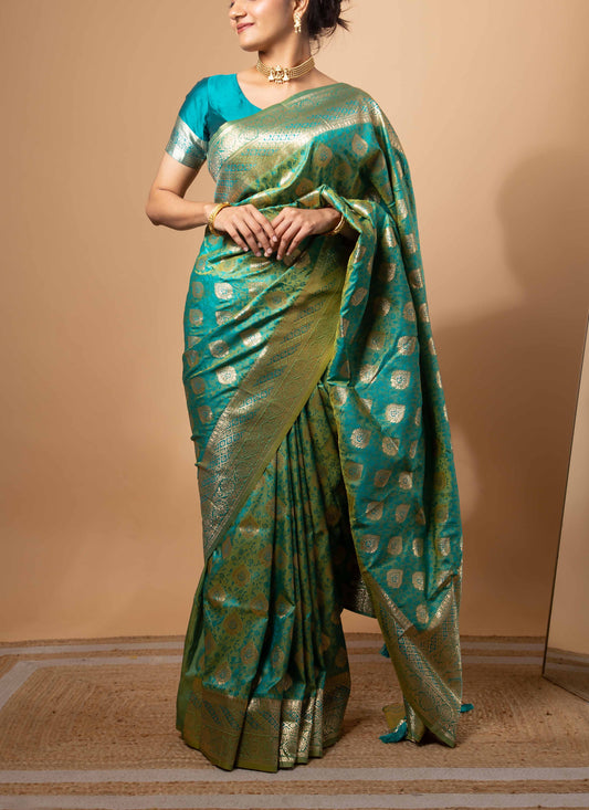 Turquoise Green Zari Woven Saree with Intricate Floral Motifs