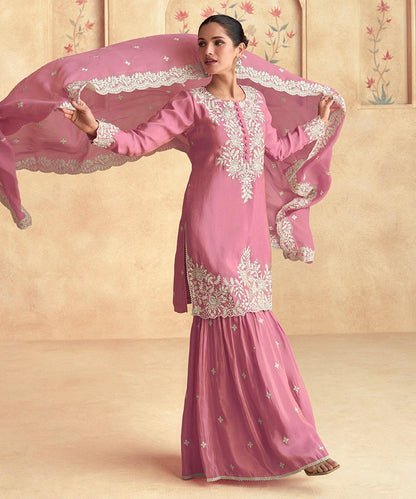 Onion Pink Embroidered Silk Blend Readymade Suit