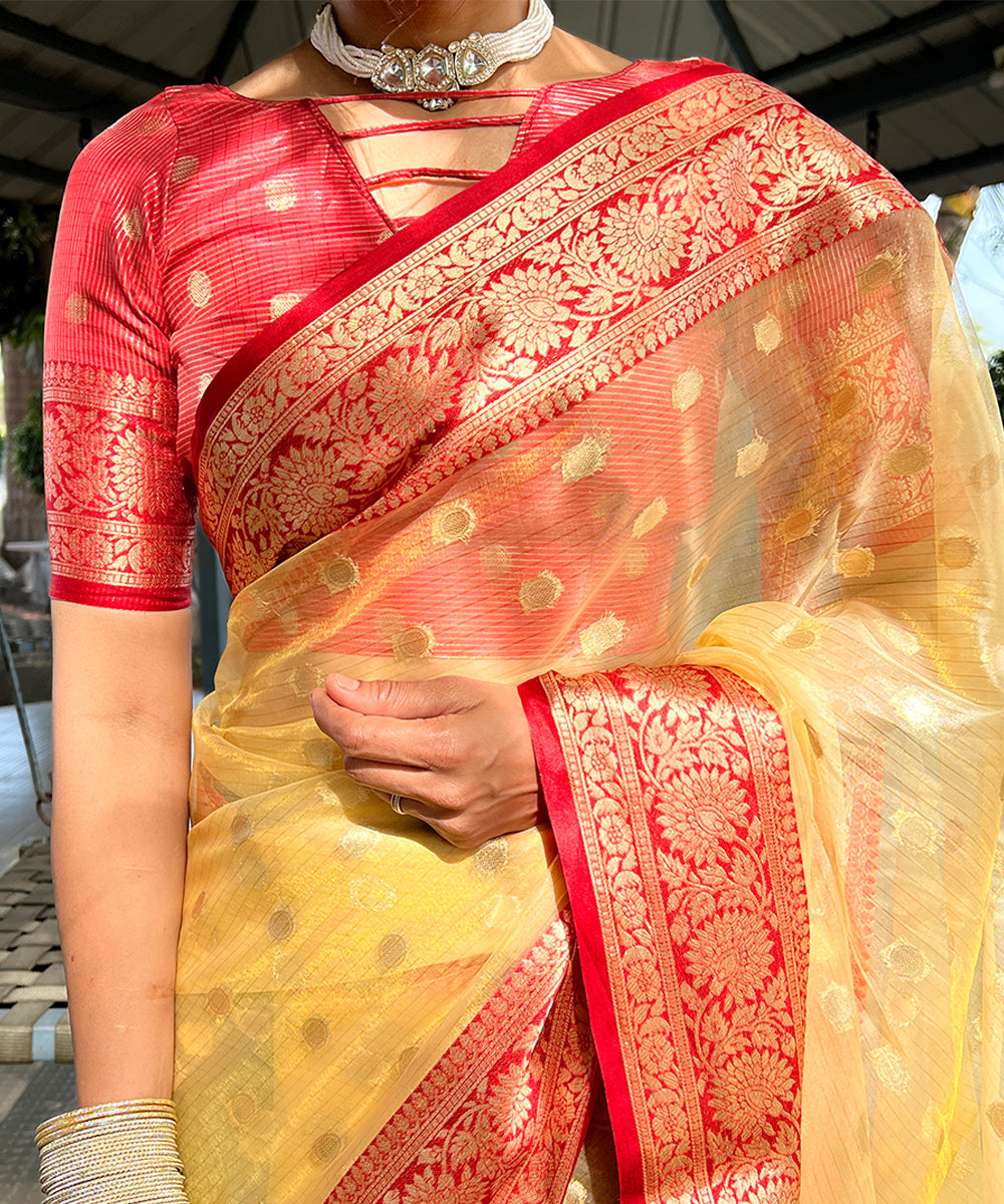 Golden Yellow & Red Organza Silk Saree