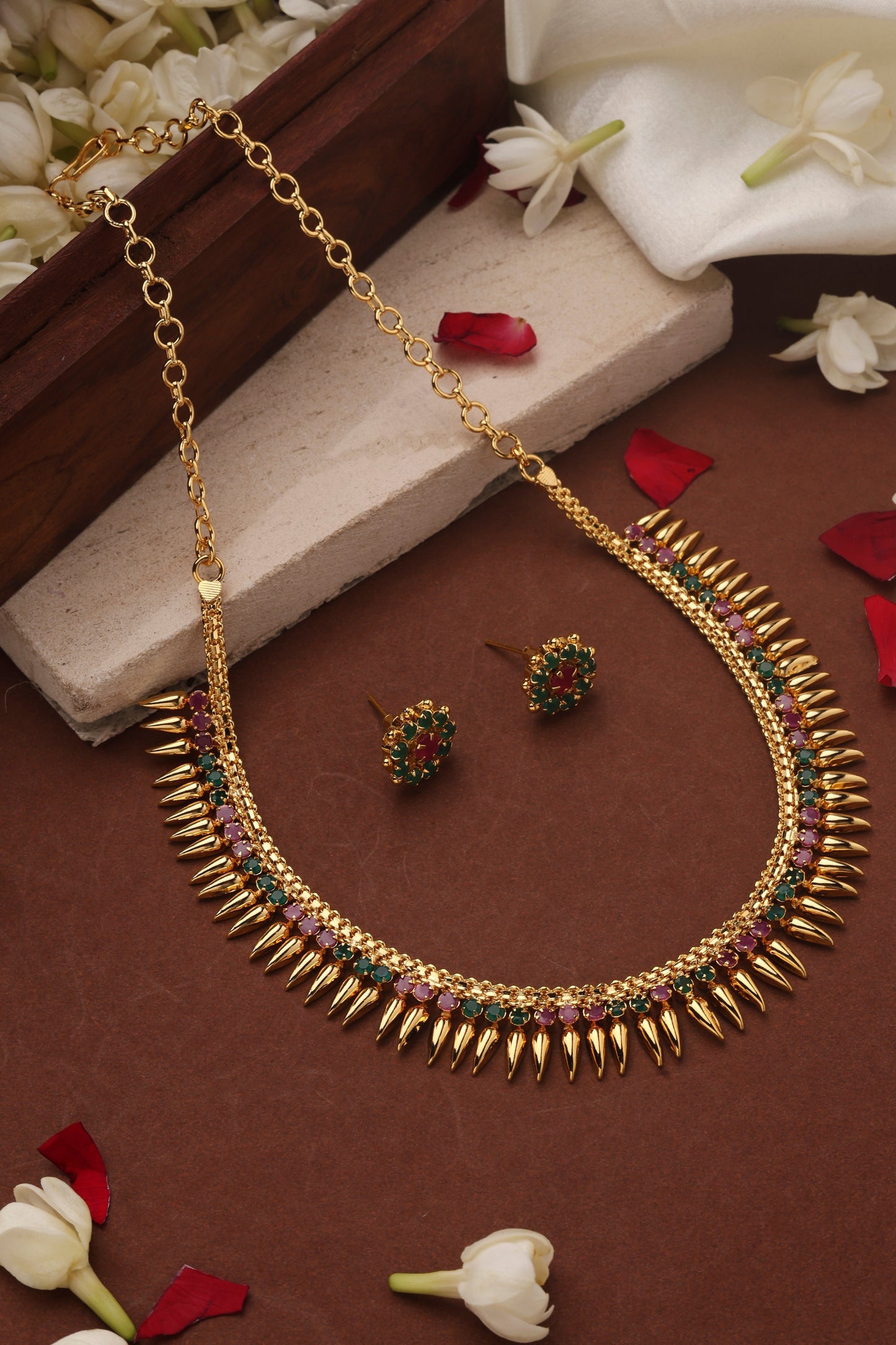 Gold Plated Choker and Stone Studded Necklace Set