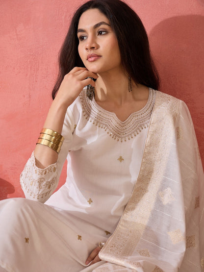 White Roman Silk Kurta with Bottom & Dupatta