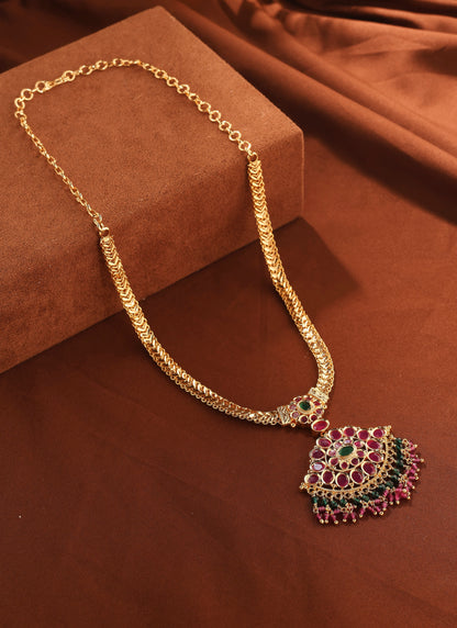 Gold Chain Necklace Set with Pink Stone Pendant