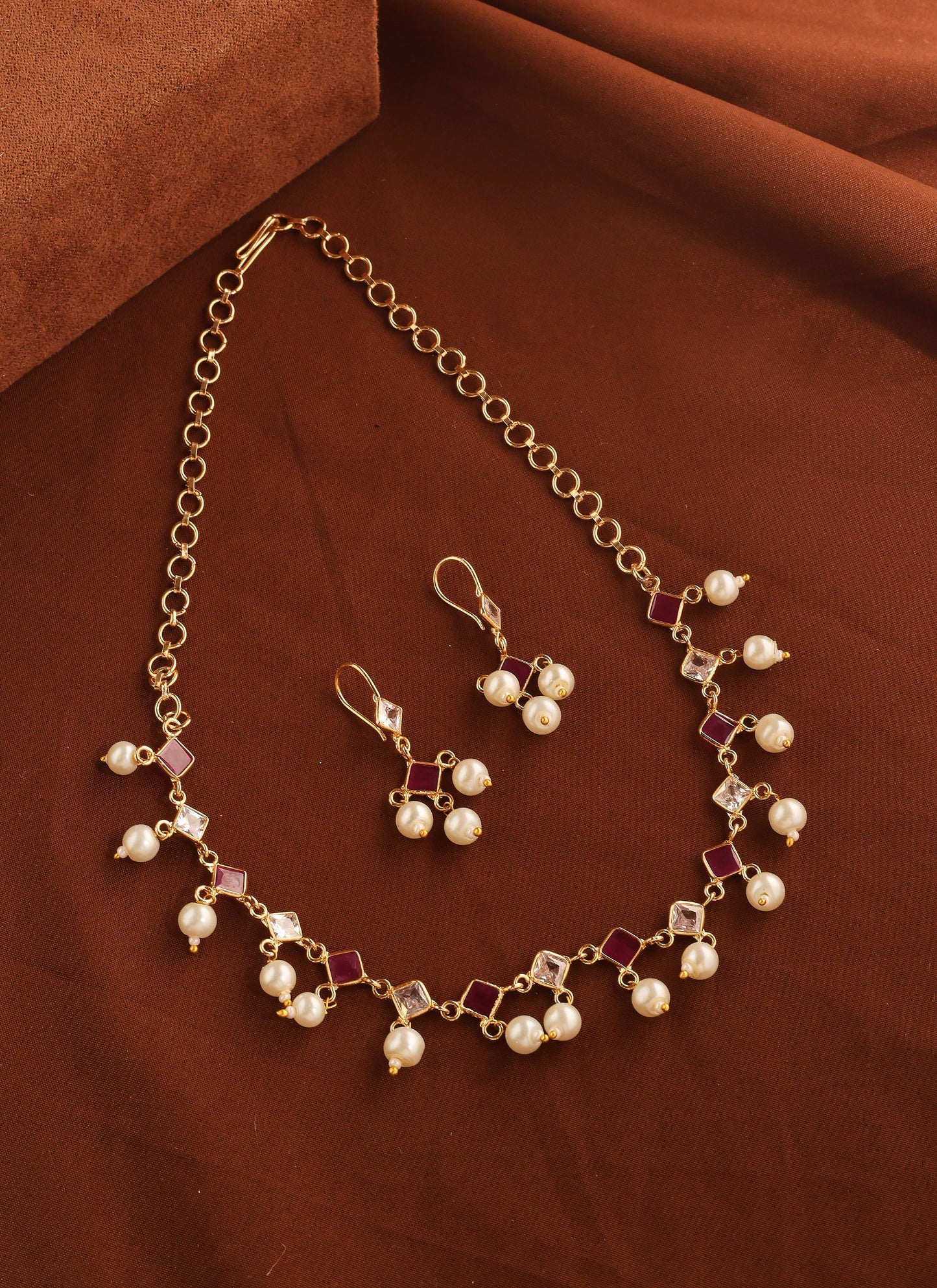 American Diamond Necklace with Pink Stones and Pearls