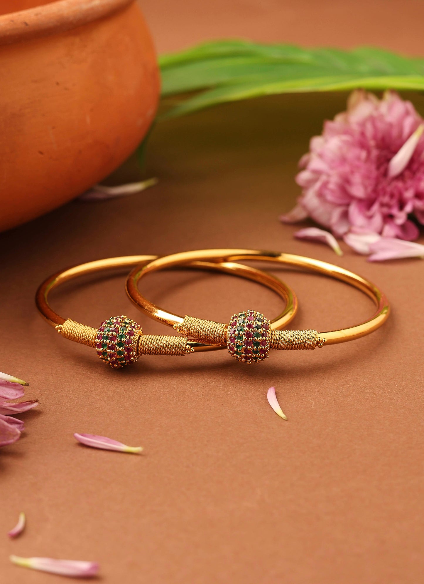 Gold Bangles with Center Ball Studded with Stones