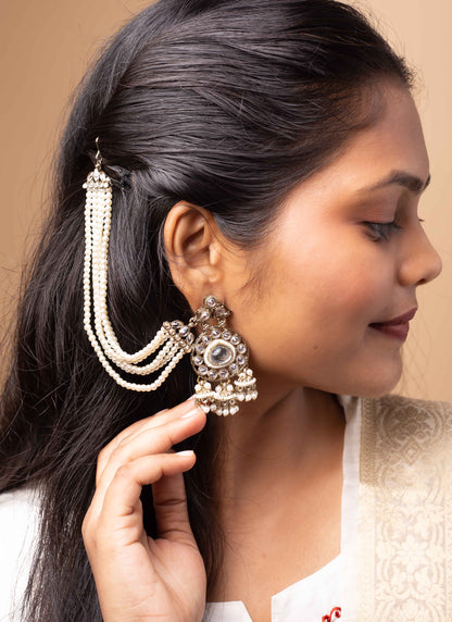 Kundan earrings with pearl ear chain