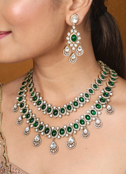 Two Layer Necklace Set with Green Stones and American Stones Earrings and Maang Tikka