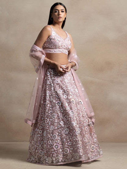 Pink Sequins Embroidered Soft Net Designer Lehenga Choli