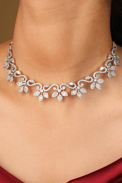 Shiny Silver Flower Pattern Necklace and Matching Earrings Set