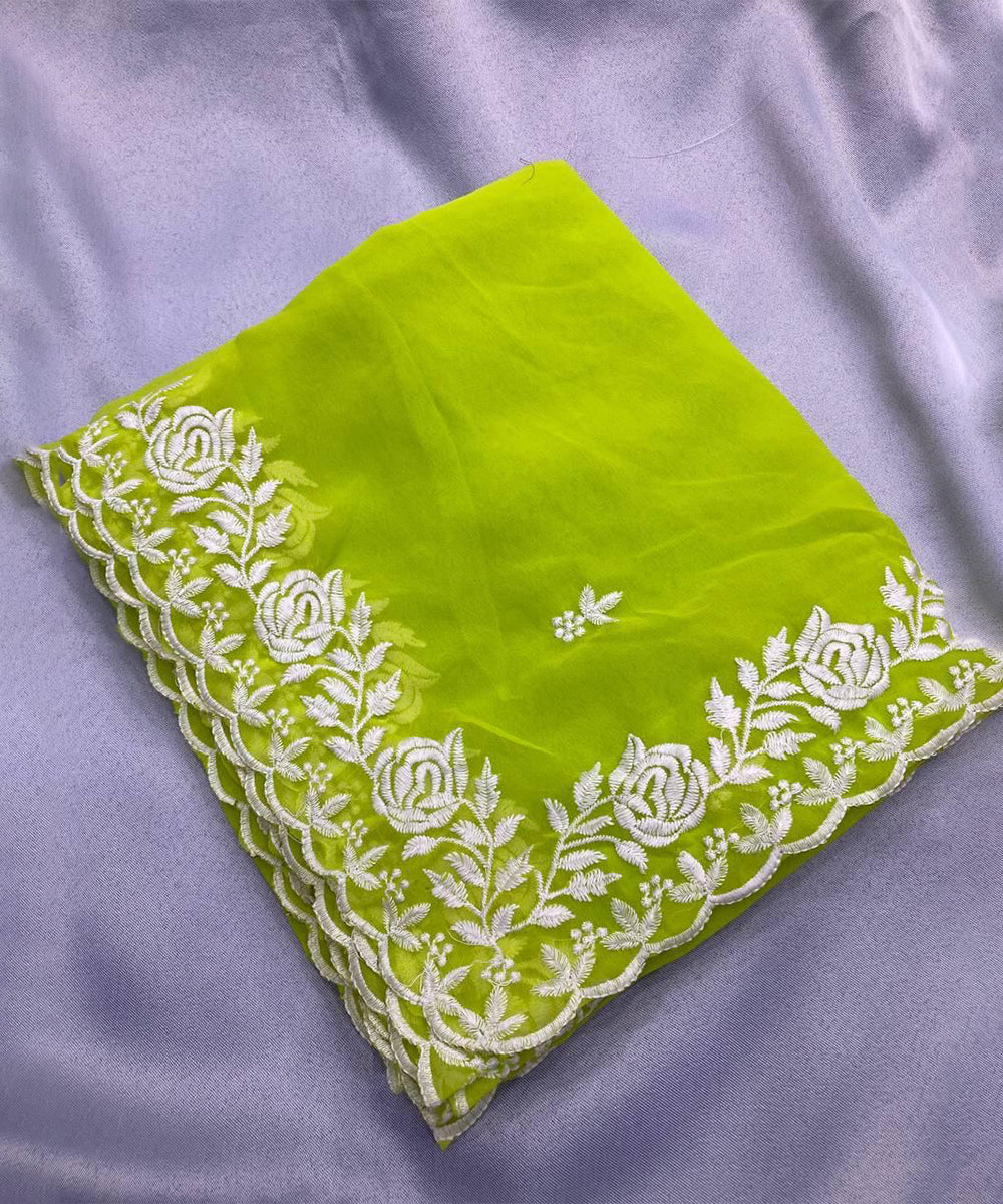 Lime Green Georgette Embroidered Saree