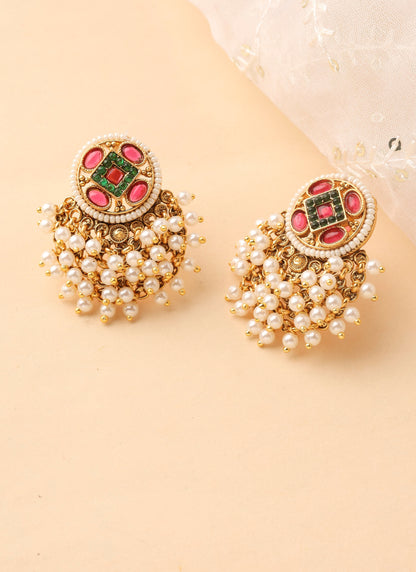 Stud Earrings with Pearls and Multicolour Stones