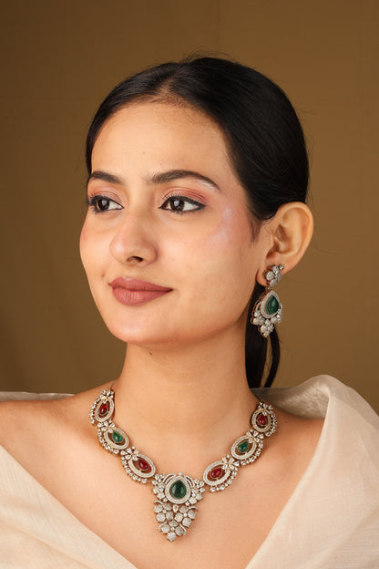 Statement Necklace Set with Red and Green Stones