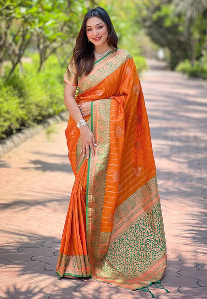 Orange Soft Silk Contrast Zari Woven Saree with Classic Weaving