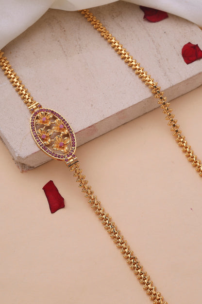 Mugappu Gold Plated Chain with Oval Shaped Floral Pendant