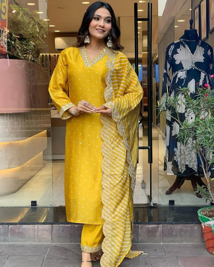 Yellow Women Embroidered Pure Cotton Straight Kurta Pant Dupatta Set