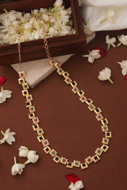 Long Stone Studded Necklace Set with Square Shape