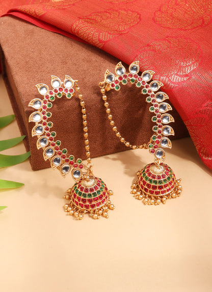 Gold Multicolour Earrings with Ear Chain