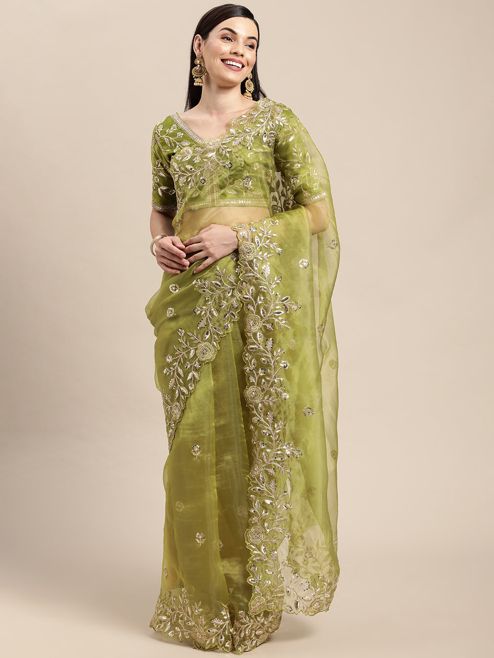 Mehendi Green Organza Embroidered Saree