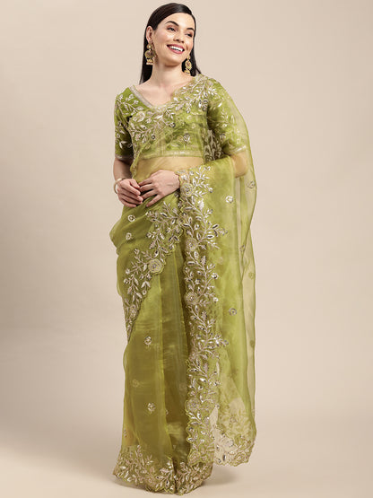 Mehendi Green Organza Embroidered Saree