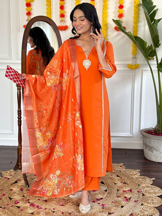 Orange chanderi silk embroidered work kurta pant with dupatta