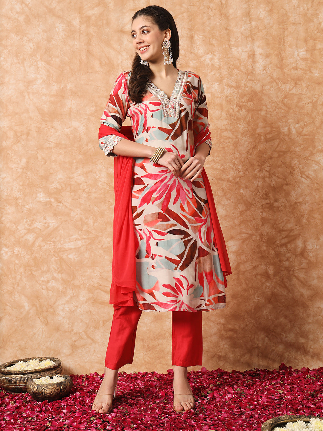 Rayon Fabric Printed Work Kurta, Pant, and Dupatta Set