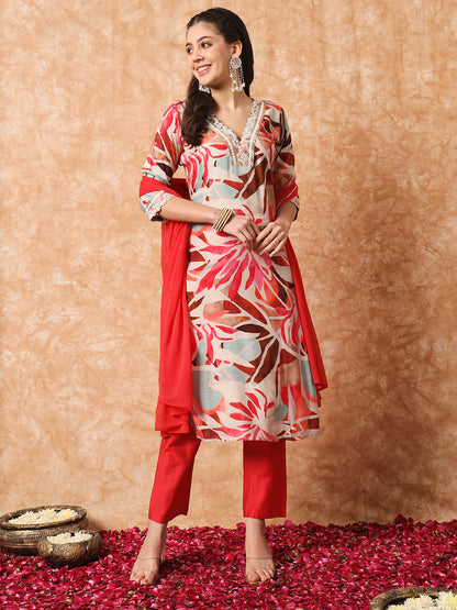 Rayon Fabric Printed Work Kurta, Pant, and Dupatta Set