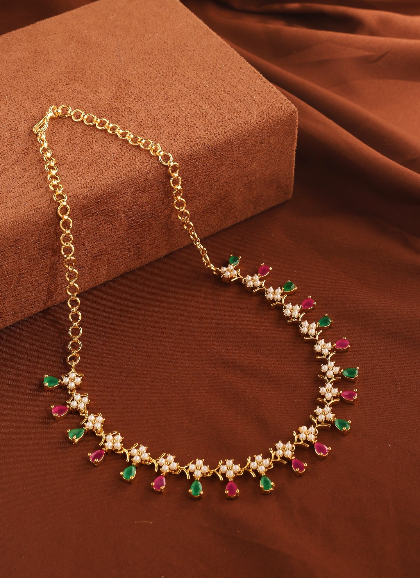 Multicolour Stones Pearls and Gold Necklace