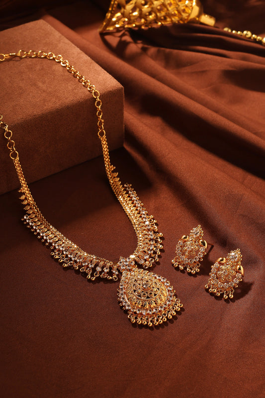 Gold Necklace Set with American Diamond Accents and Teardrop Pendant