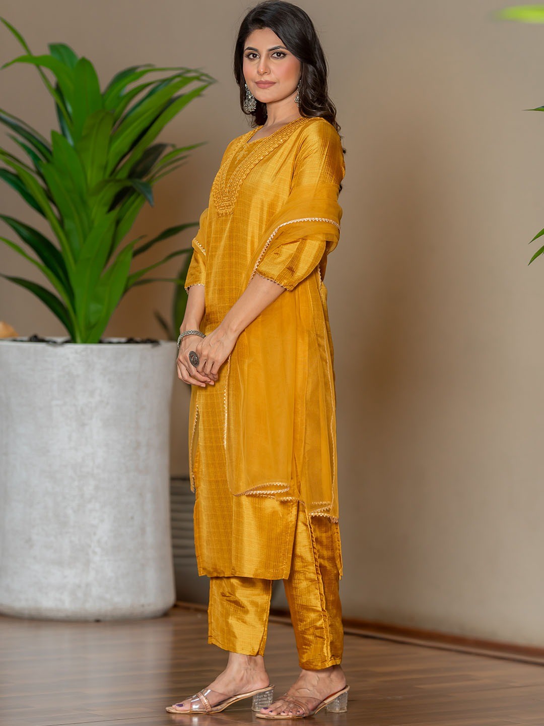 Mustard Silk Blend Embroidered Kurta Pant with Dupatta