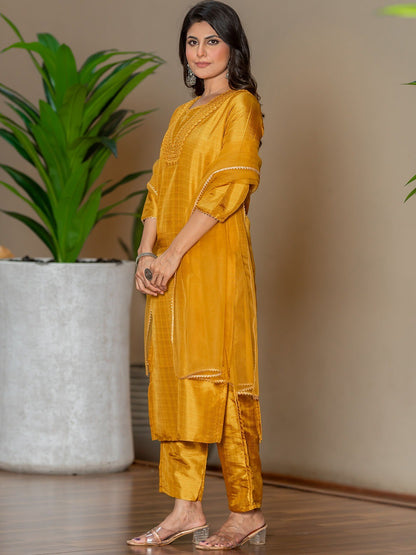 Mustard Silk Blend Embroidered Kurta Pant with Dupatta