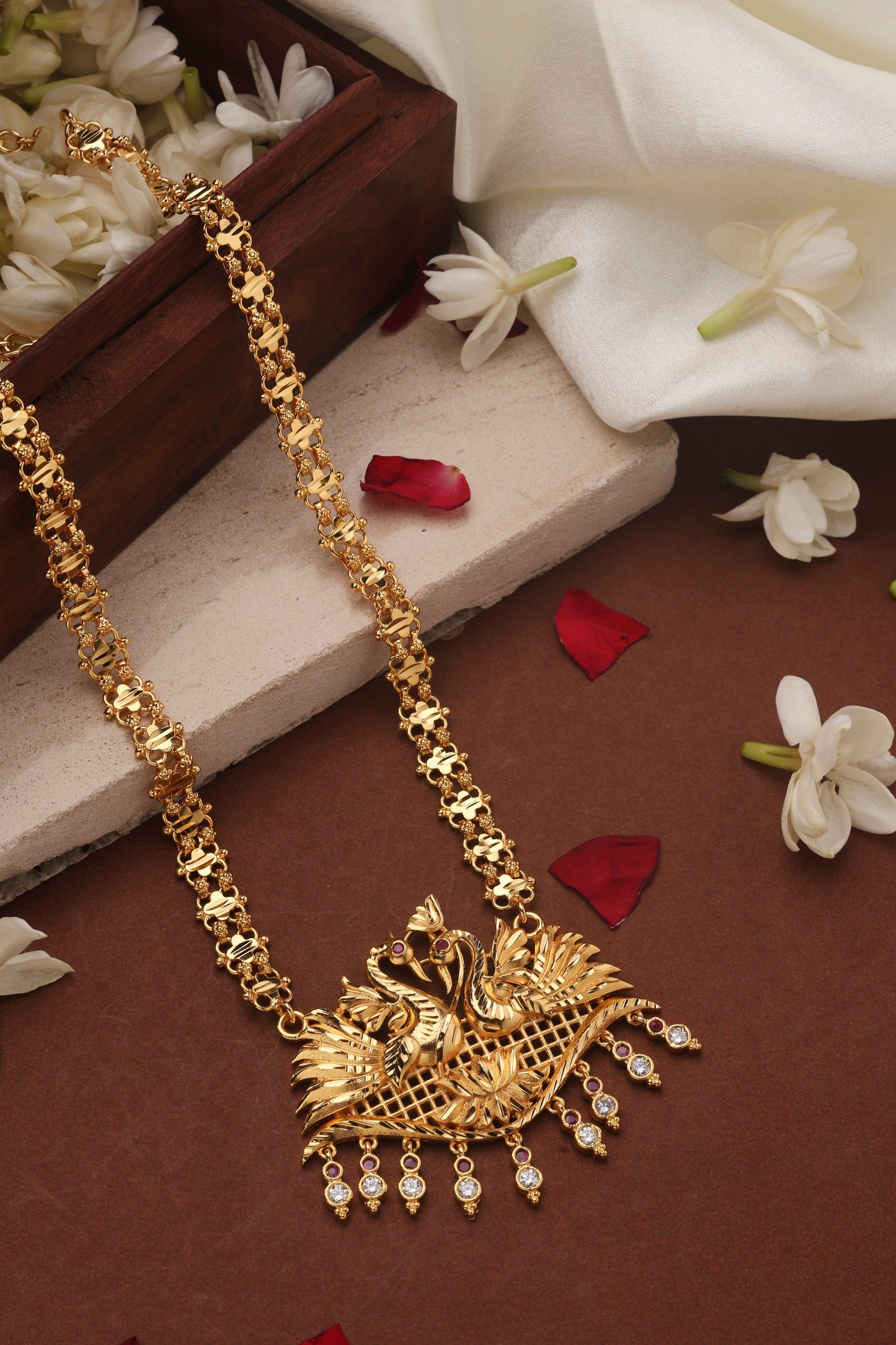 Gold Plated Long Necklace with Swan Pendants and American Diamond Accents