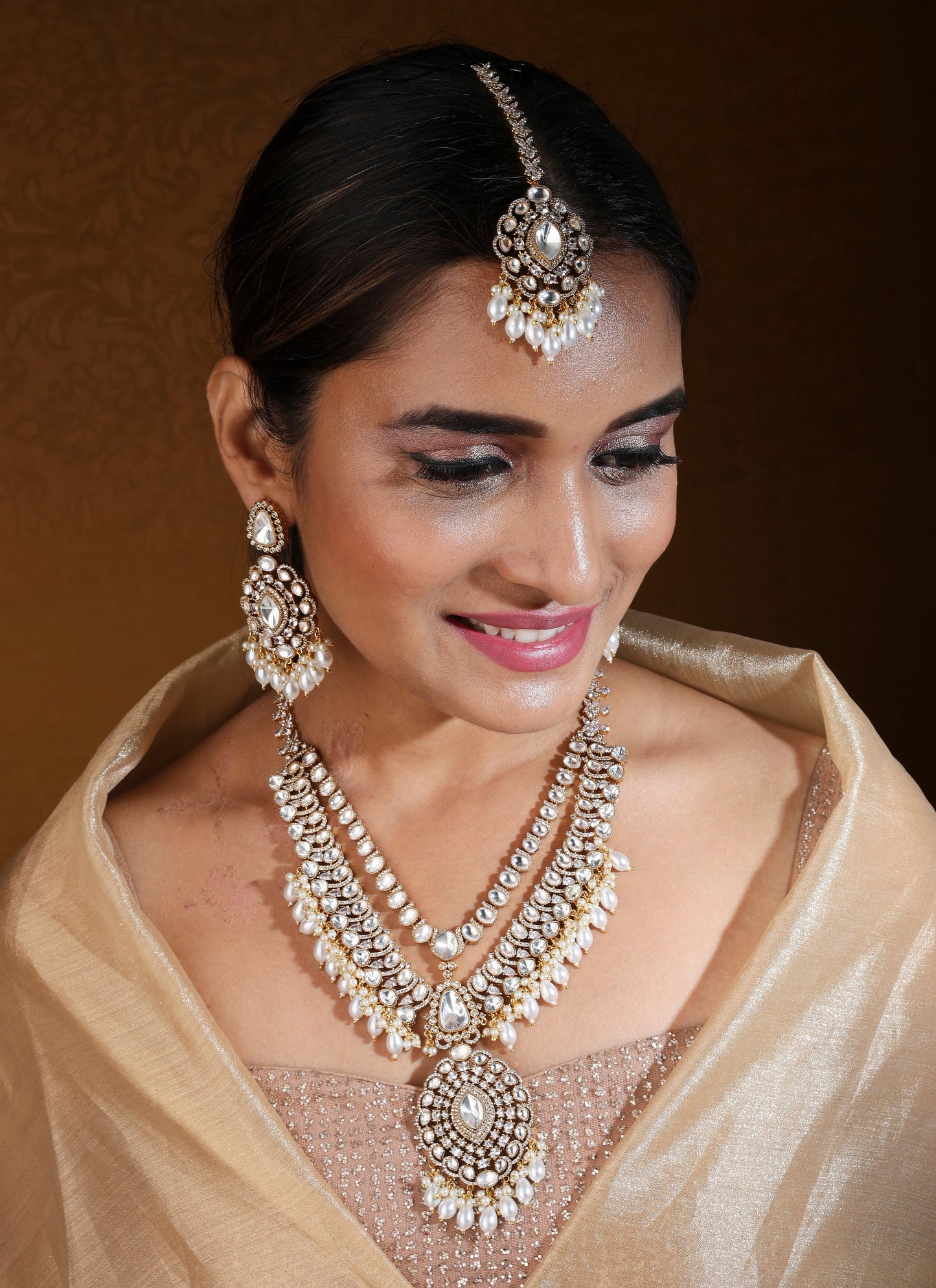 Bridal Necklace Set with Earrings and Maang Tikka in American Diamond Stones