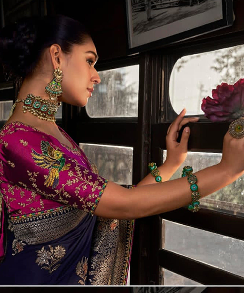 Elegant Navy Blue Woven Banarasi Silk Saree with Intricate Floral Zari Work