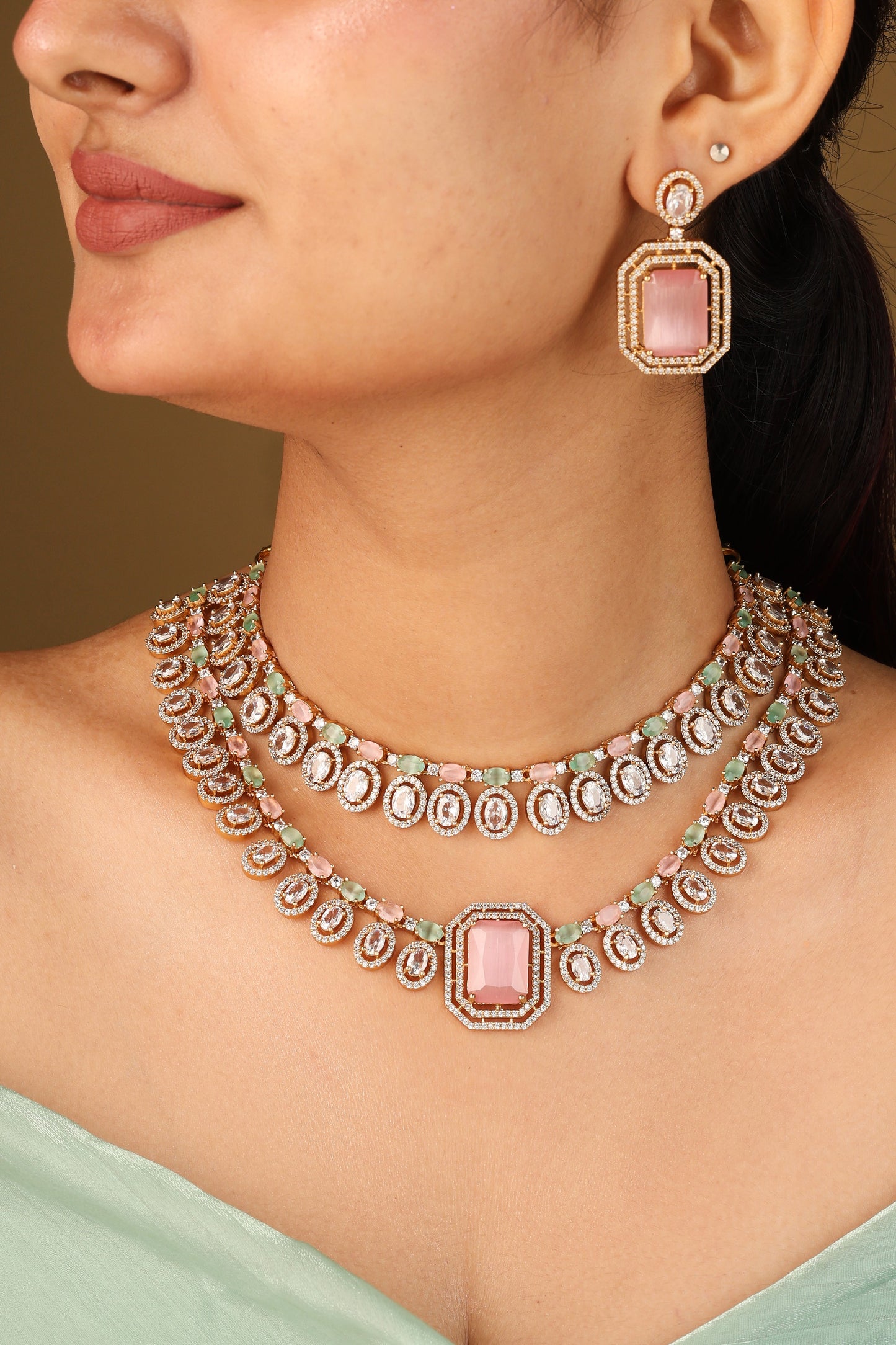 Two Layer Bridal Necklace with Light Pink Stone Pendant