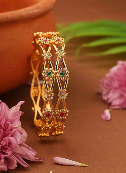 Gold-Plated Flower-Designed Stone-Studded Bangles