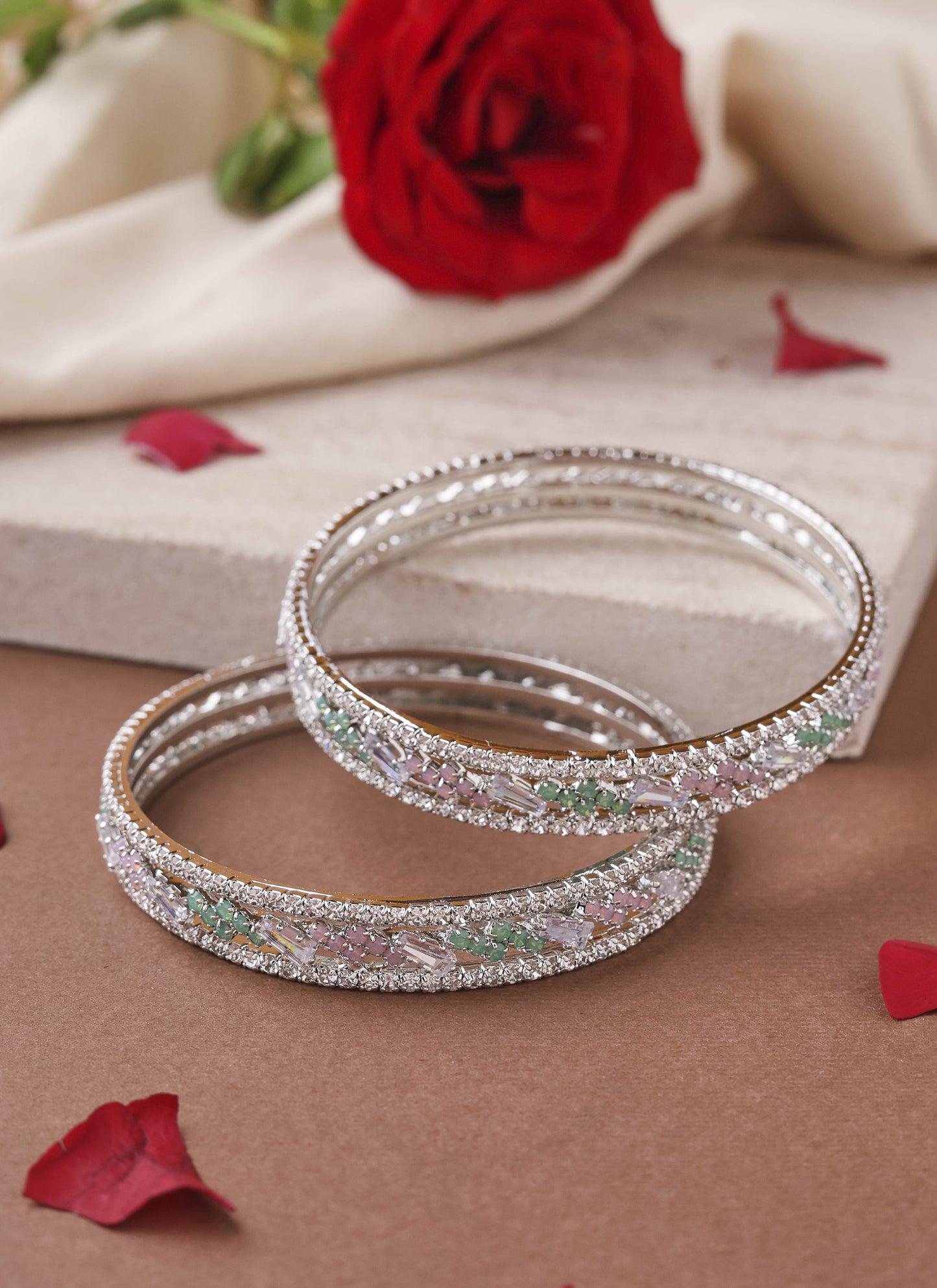 Silver-Plated Bangles with Pink and Mint Green American Diamonds