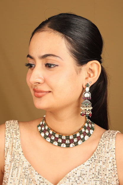 Kundan Choker Set with Green and Red Accents