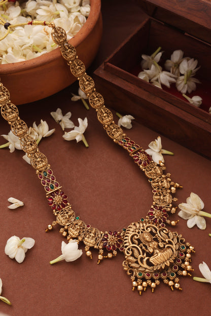 Gold Plated Temple jewellery Necklace Set with Green Drops