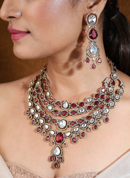 Bridal Ruby Stone Layer Necklace Set with Earrings and Maang Tikka