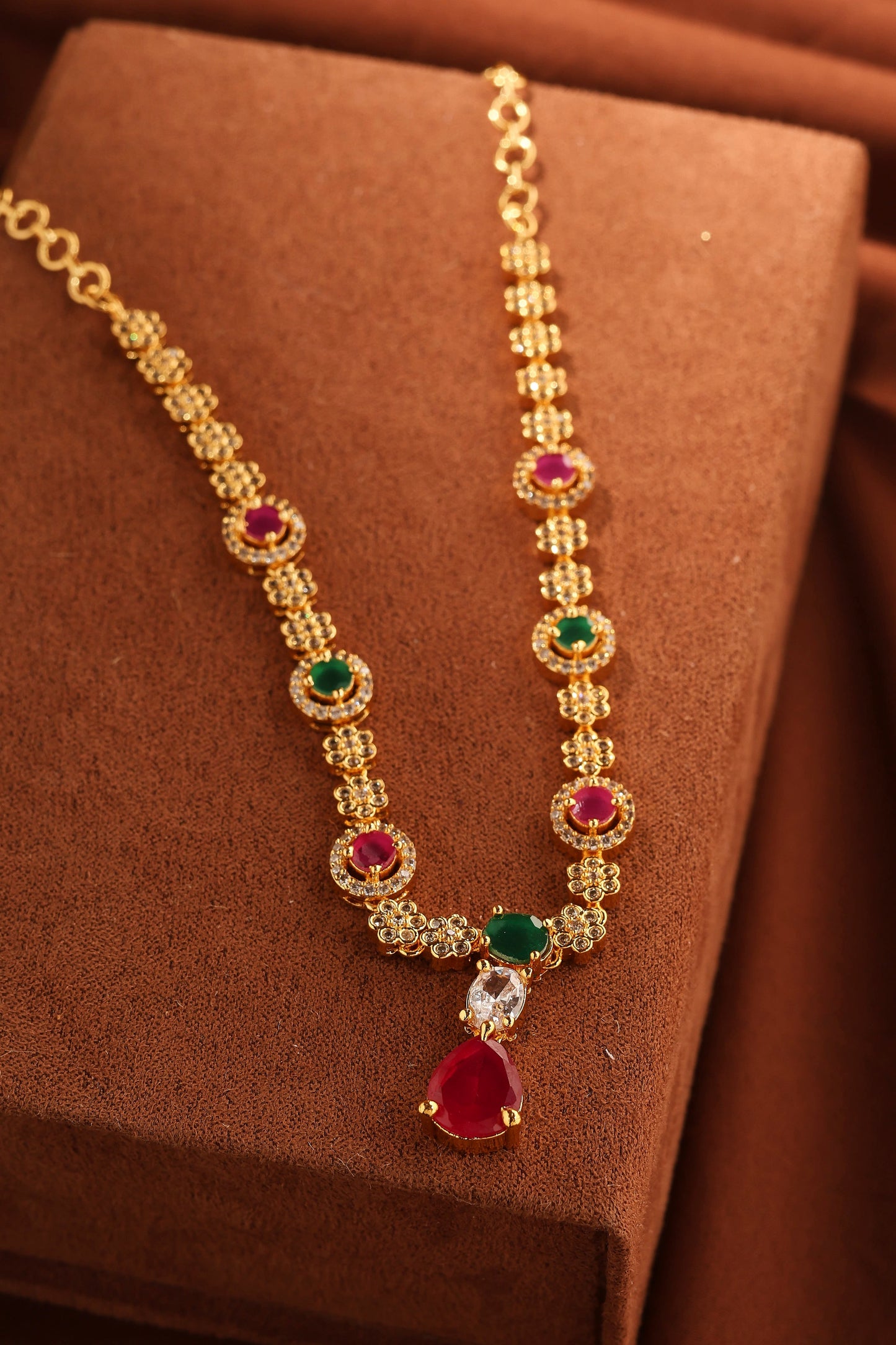 American Diamond Necklace Set with Ruby Pendant and Earrings