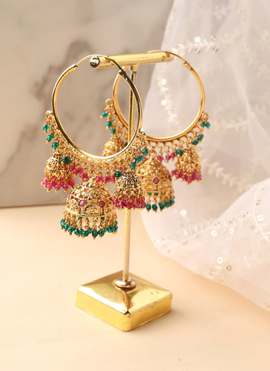 Gold Hoops with Jhumka Detailing and Green Bead Accents