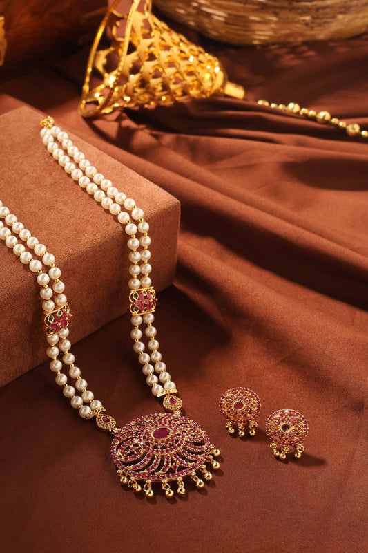 Pearl Necklace Set with Red Stone Pendant