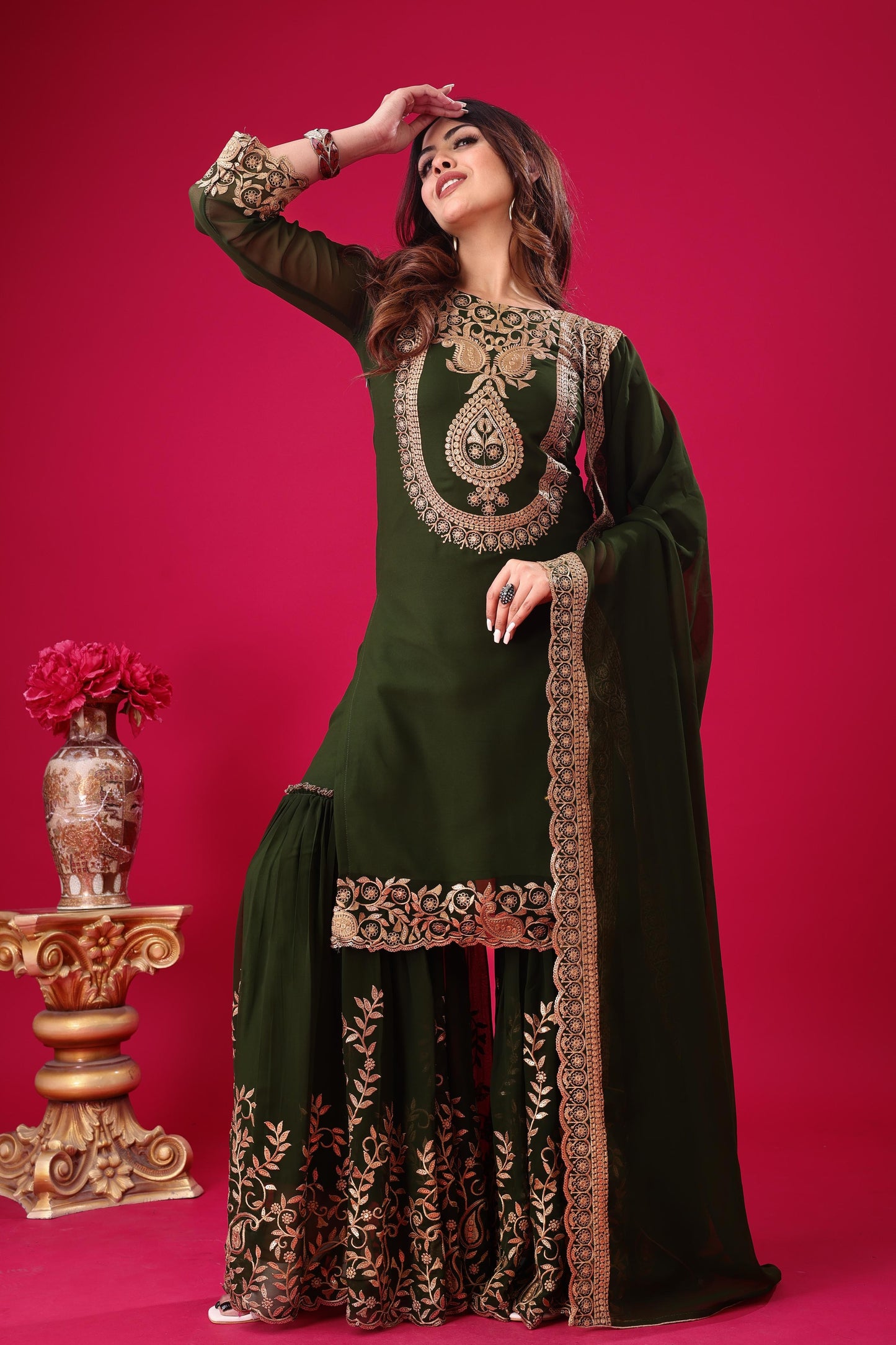 Green Sequins Faux Georgette Readymade Suit