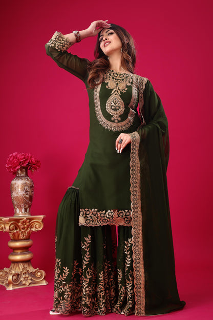 Green Sequins Faux Georgette Readymade Suit
